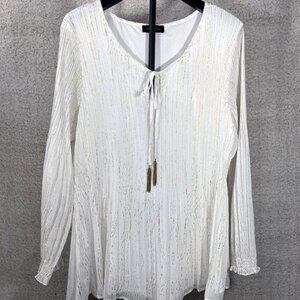Melissa Paige Woman 2X Off White Gold Foil Speckle Tie Neck Boho Blouse